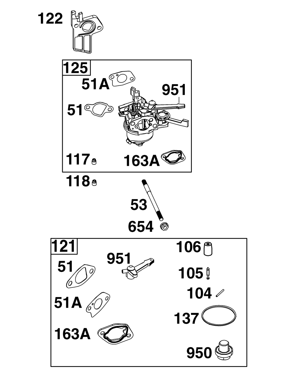 Carburetor Group Diagram and Parts List for 10U232-0023-J1 100000 - 19Z999 Briggs and Stratton Engine